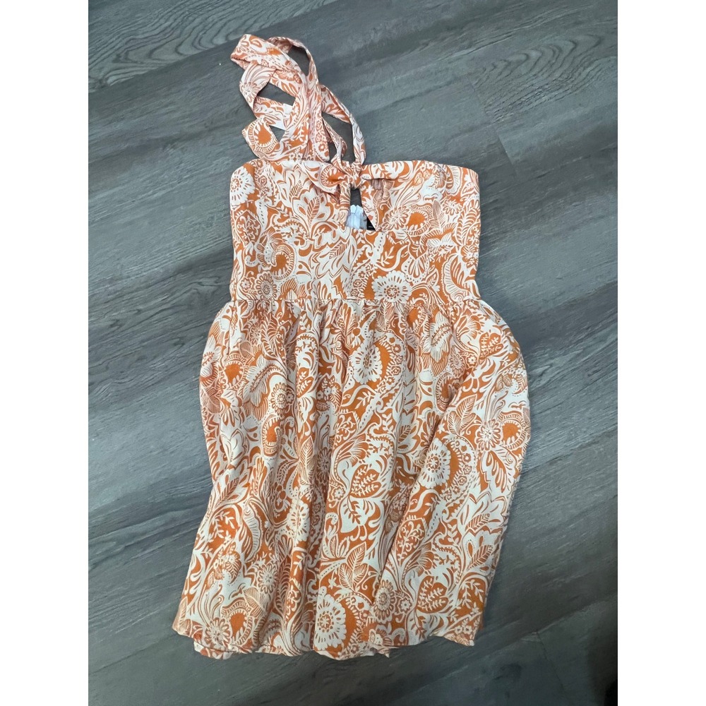 Lioness Orange Paisley Floral Strapless Mini Dress Size Small Tie Front Smocked